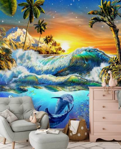 Papel pintado Delfines y peces tropicales