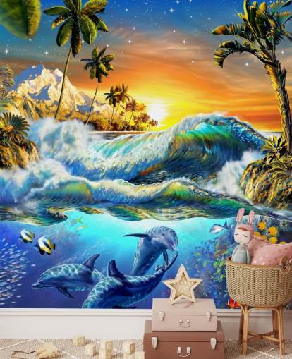 Papier peint dauphins et poissons tropicaux