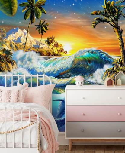 Papel pintado Delfines y peces tropicales