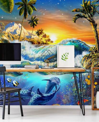 Papel pintado Delfines y peces tropicales