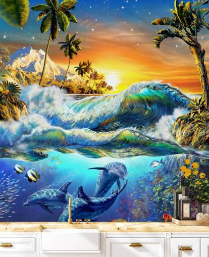 Papel pintado Delfines y peces tropicales