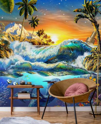 Papel pintado Delfines y peces tropicales