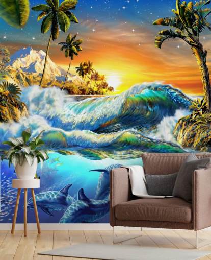 Papel pintado Delfines y peces tropicales Papel pintado Delfines y peces tropicales