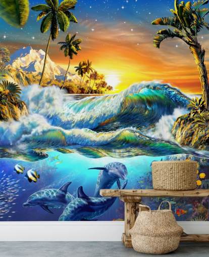Papier peint dauphins et poissons tropicaux