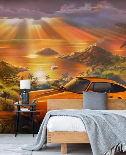 Papel pintado Coche, costa y puesta de sol