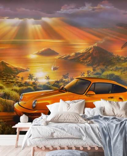 Papel pintado Coche, costa y puesta de sol