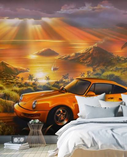 Car, Coast and Sunset Wallpaper Mural