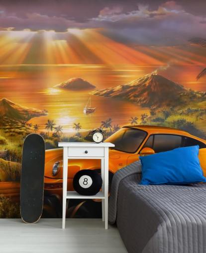 Car, Coast and Sunset Wallpaper Mural