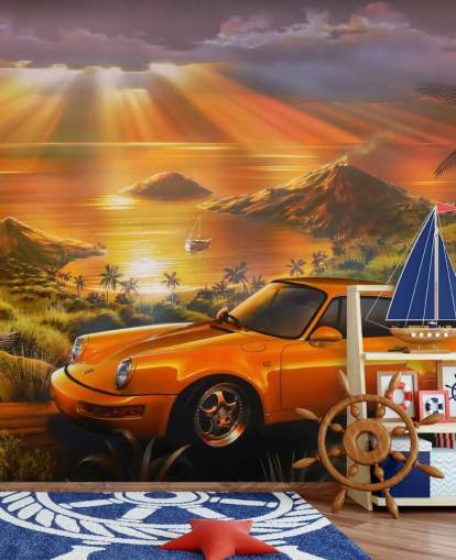 Papel pintado Coche, costa y puesta de sol