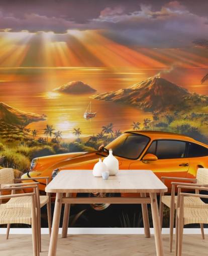 Papel pintado Coche, costa y puesta de sol