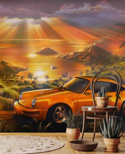 Car, Coast and Sunset Wallpaper Mural