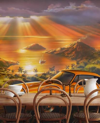 Car, Coast and Sunset Wallpaper Mural