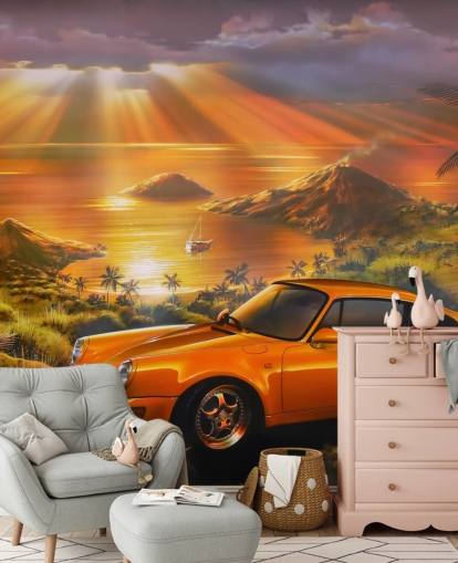 Car, Coast and Sunset Wallpaper Mural