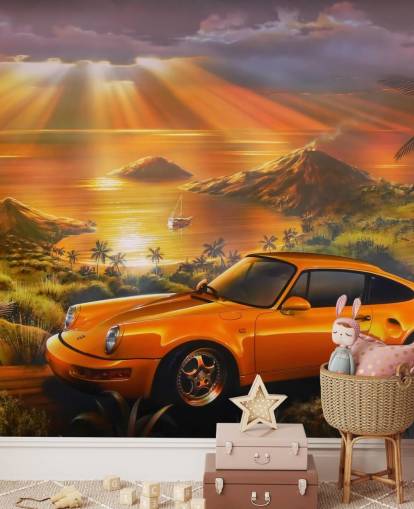 Car, Coast and Sunset Wallpaper Mural