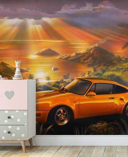 Carta da parati murale con auto, costa e tramonto