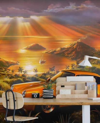 Tapeten-Wandbild „Auto, Küste und Sonnenuntergang“