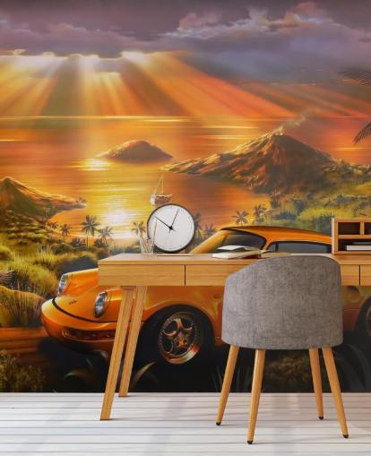 Car, Coast and Sunset Wallpaper Mural