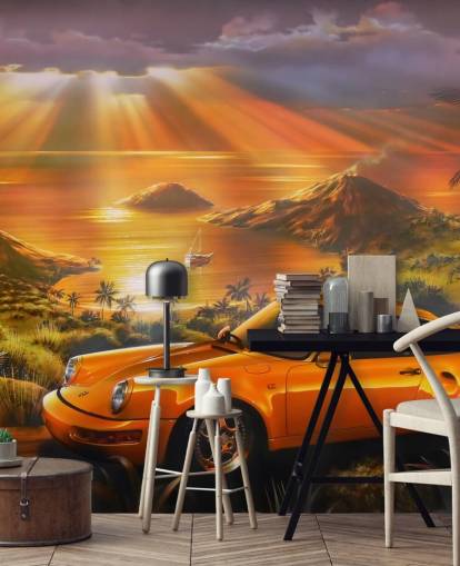 Papel pintado Coche, costa y puesta de sol