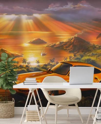 Tapeten-Wandbild „Auto, Küste und Sonnenuntergang“