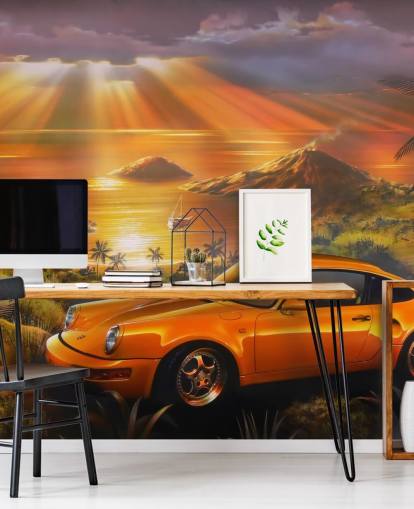 Papel pintado Coche, costa y puesta de sol