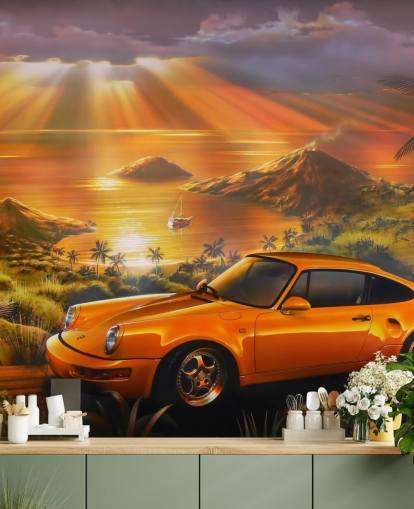 Car, Coast and Sunset Wallpaper Mural