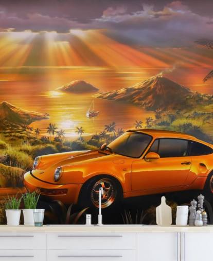 Carta da parati murale con auto, costa e tramonto