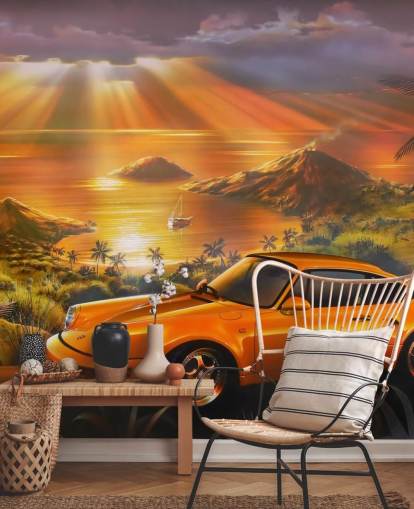 Papel pintado Coche, costa y puesta de sol