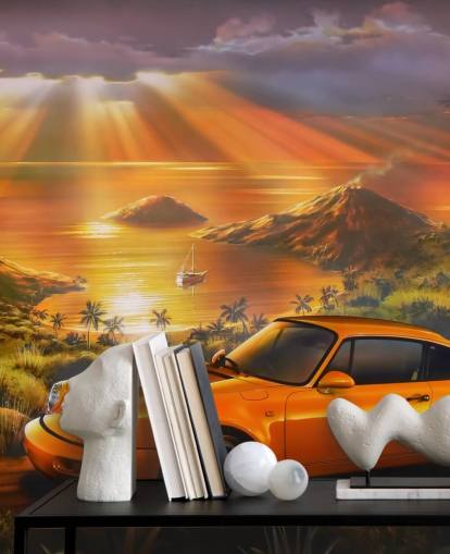 Car, Coast and Sunset Wallpaper Mural