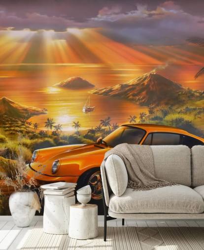 Papel pintado Coche, costa y puesta de sol