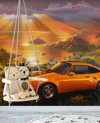 Car, Coast and Sunset Wallpaper Mural