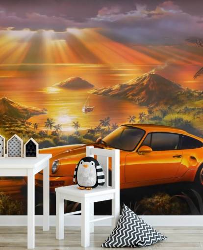 Papel pintado Coche, costa y puesta de sol