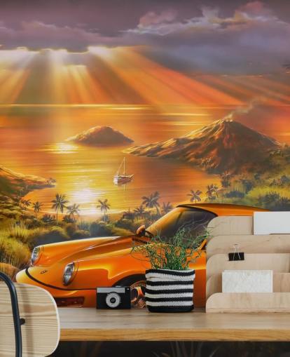 Car, Coast and Sunset Wallpaper Mural