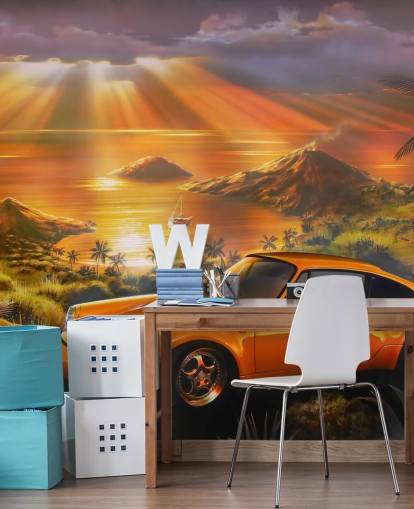 Tapeten-Wandbild „Auto, Küste und Sonnenuntergang“ Tapeten-Wandbild „Auto, Küste und Sonnenuntergang“