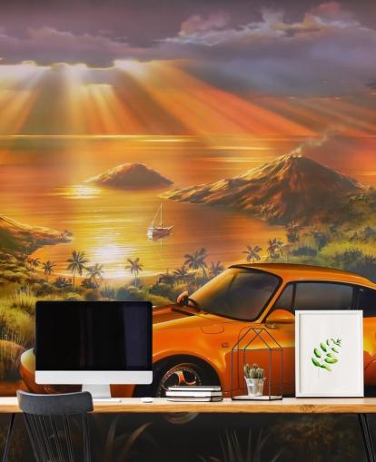 Papel pintado Coche, costa y puesta de sol