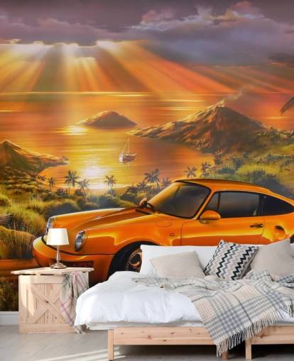 Carta da parati murale con auto, costa e tramonto