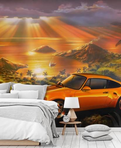 Car, Coast and Sunset Wallpaper Mural