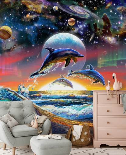 Dolphins in Universe Wall Mural