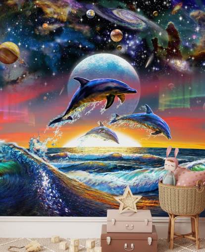 Dolphins in Universe Wall Mural