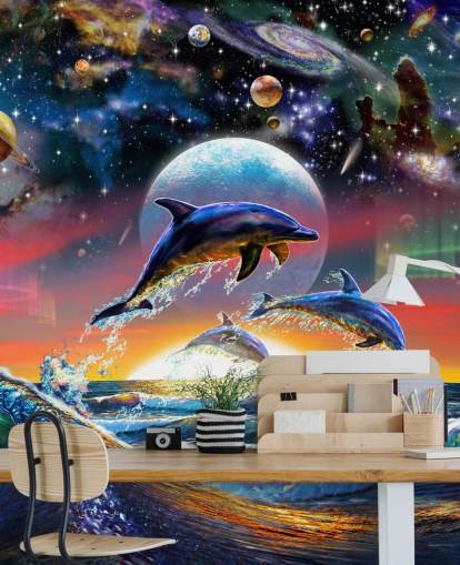 Dolphins in Universe Wall Mural