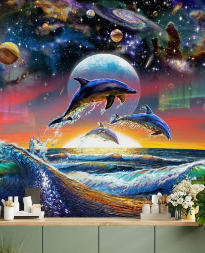 Papier Peint Fresque Dauphins dans l'Univers