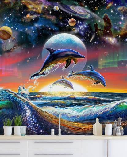 Decorazione murale con delfini nell'universo