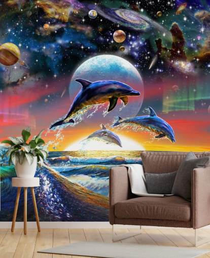 Decorazione murale con delfini nell'universo