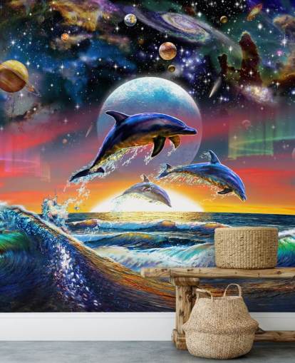 Papier Peint Fresque Dauphins dans l'Univers Papier Peint Fresque Dauphins dans l'Univers