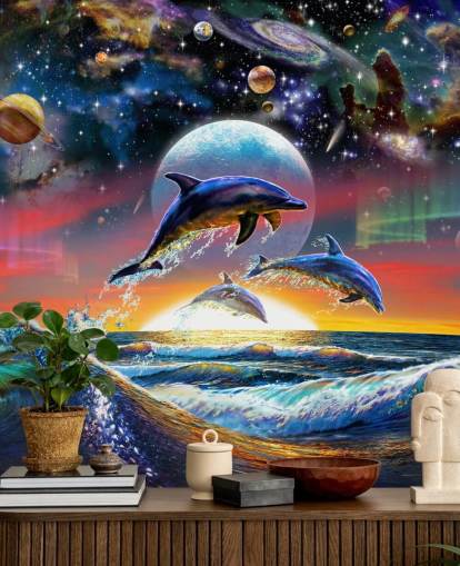 Decorazione murale con delfini nell'universo Decorazione murale con delfini nell'universo