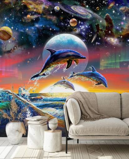 Dolphins in Universe Wall Mural