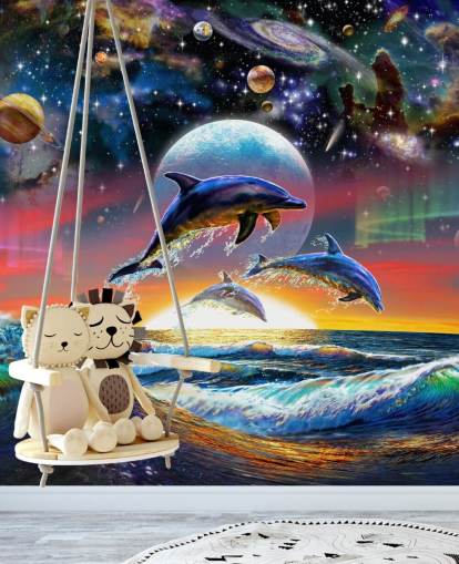 Decorazione murale con delfini nell'universo