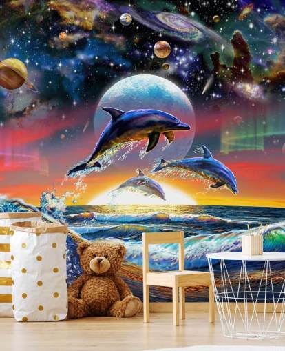 Decorazione murale con delfini nell'universo