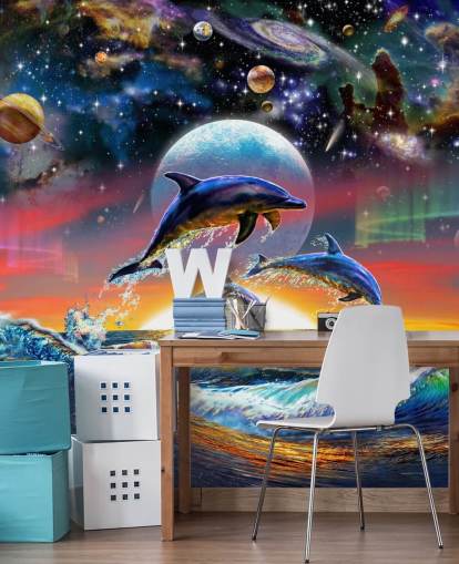Dolphins in Universe Wall Mural