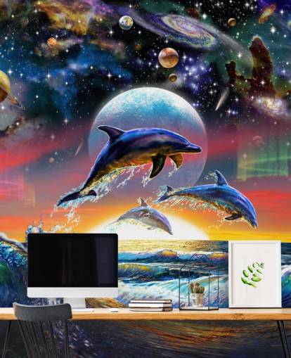 Decorazione murale con delfini nell'universo