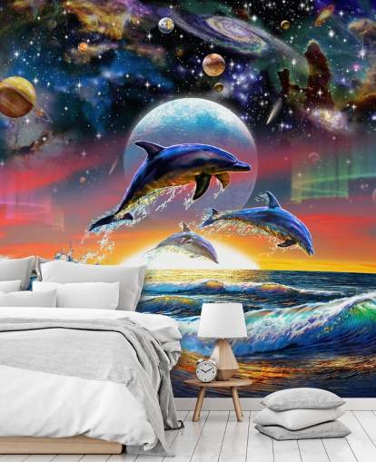 Decorazione murale con delfini nell'universo